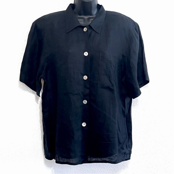 Jaeger Woman 100% LINEN Black Button Down Top Short Sleeve Shirt Size L - Picture 1 of 13